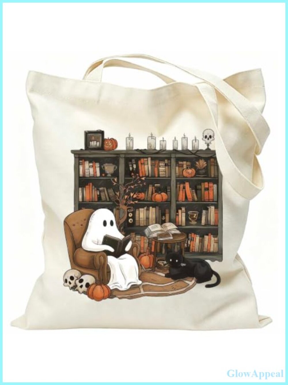 Canvas Tote Bag Halloween Book Lover Ghost Cat Pumpkin Skull Spooky